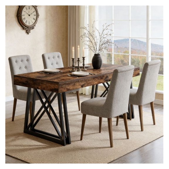 Farmhouse Dining Table - 63" Rectangular Kitchen Table - Wood Look Office Desk - Metal Frame - Seats 4-6