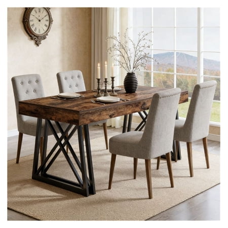Farmhouse Dining Table - 63 Rectangular Kitchen Table - Wood Look Office Desk - Metal Frame - Seats 4-6