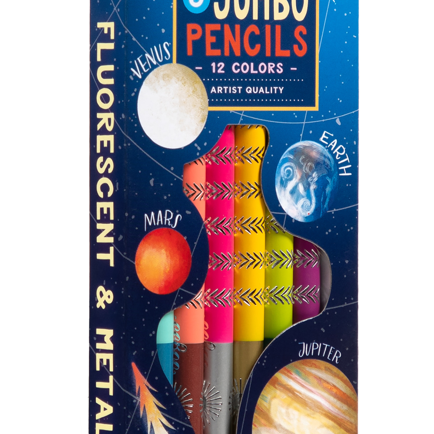 eeBoo: Jumbo Double-Sided Colored Pencils – Our Planets - 6pc Set, 12 Metallic & Fluorescent Colors, Sharpener, Chunky Foil Barrel, Kids Art Supplies