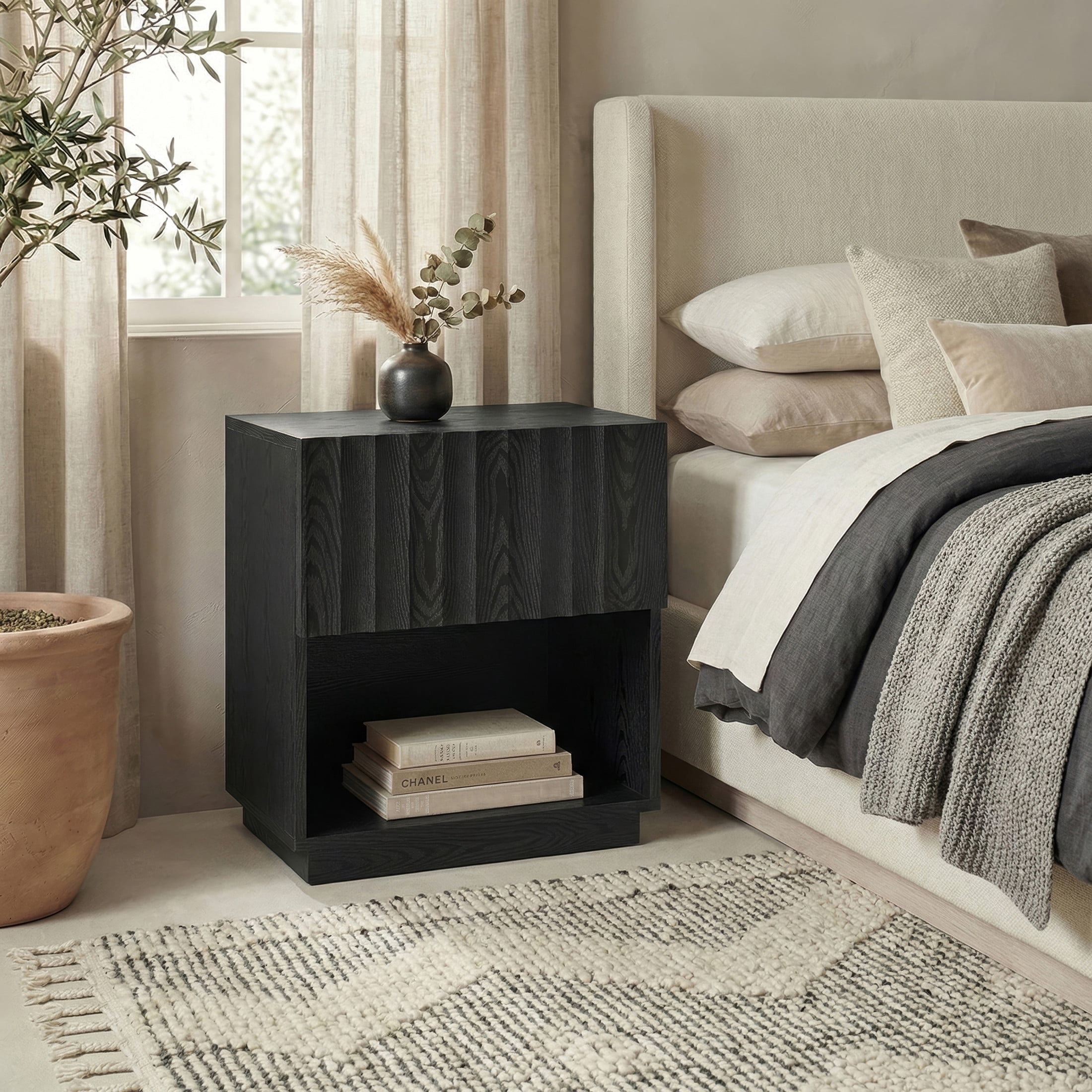 Evelyn&Zoe Modern/Contemporary 24" Wide Black Grain Nightstand