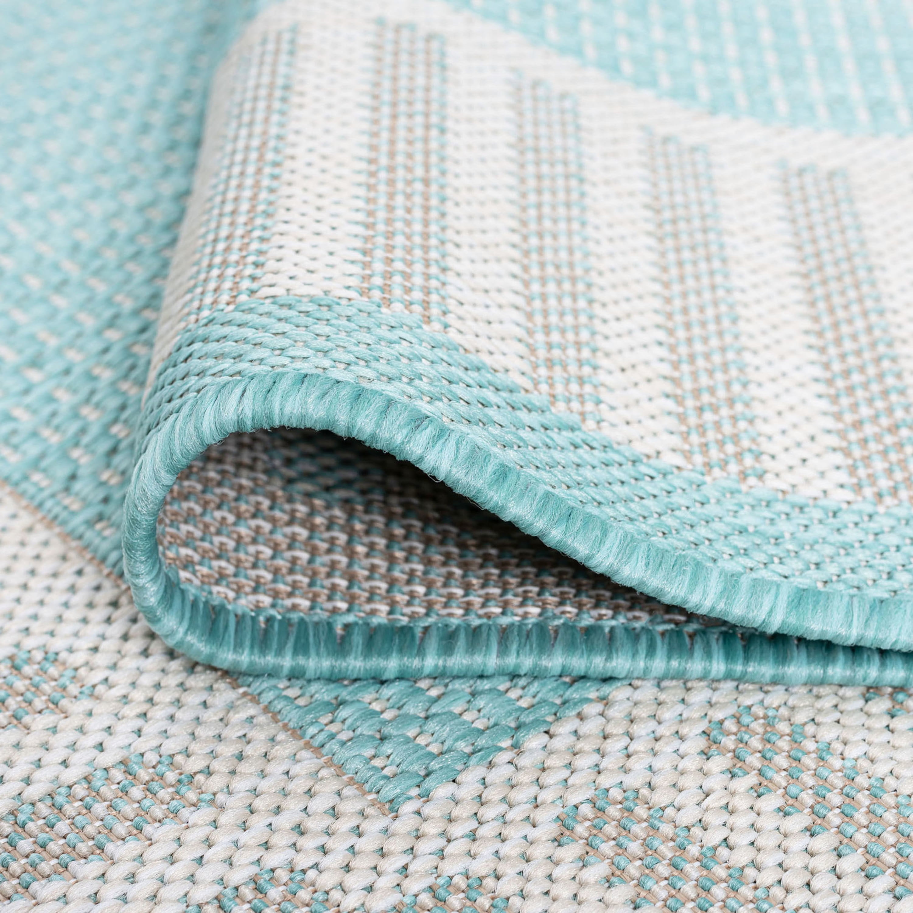 Bliss Rugs Striped Border Indoor Outdoor Rug Low-Profile Floor Mat for Patio, Entrance, Front Door |Aqua, 2' x 3'