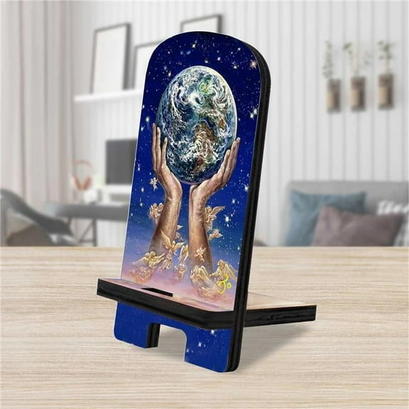 Designocracy 892081-JW 6 x 3 x 3 in. World In My Hands Cell Phone Stand Inspirational Decor with Wood Mobile Holder Organizer