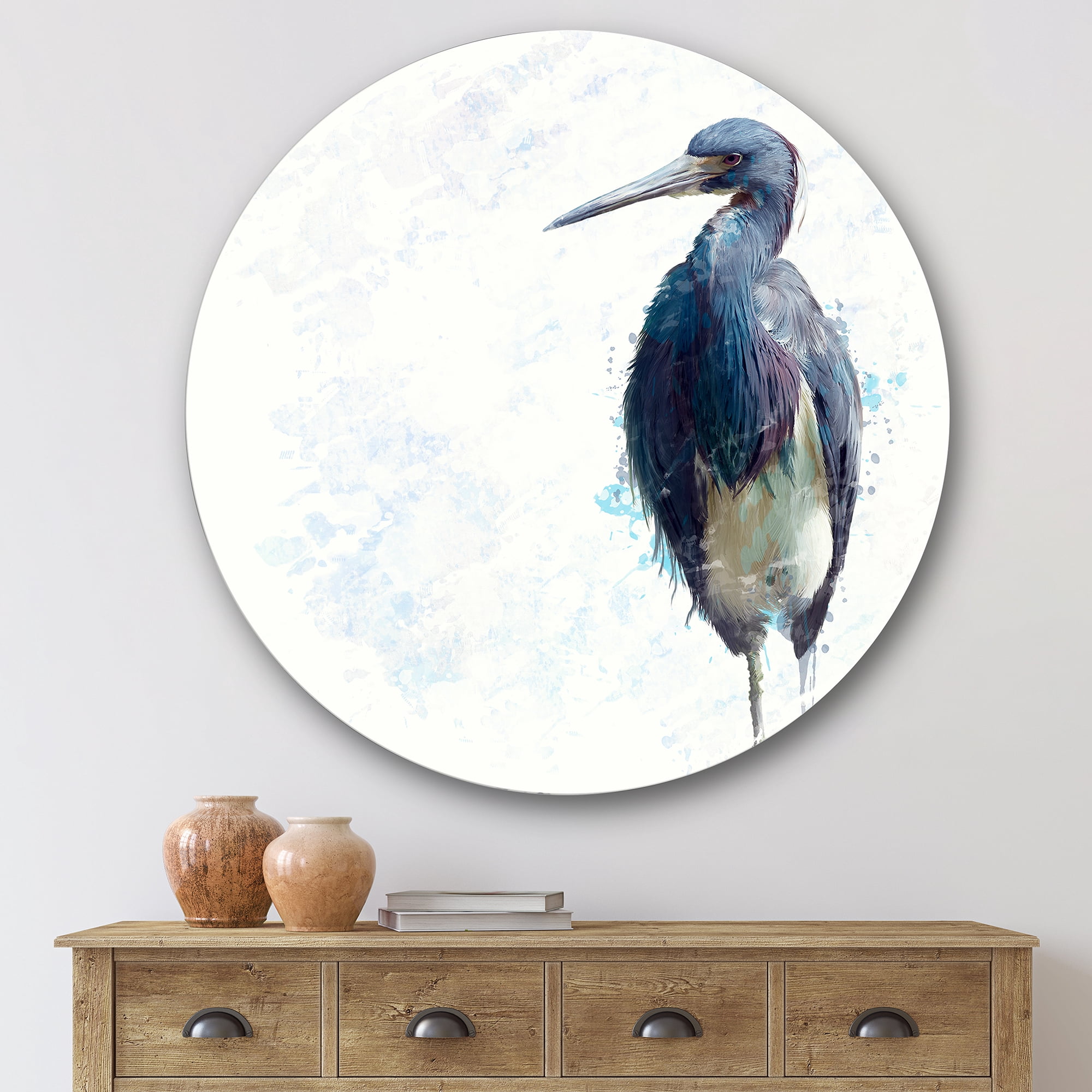 Designart 'Tricolored Heron Bird On White' Farmhouse Circle Metal Wall Art 36x36 - Disc of 36
