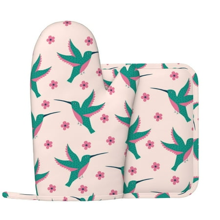 

Oven Mitts and Pot Holders Sets - Green Hummingbird Pink Flower Heat Resistant Silicone Oven Gloves (Left Glove) with Non-Slip Silicone Surface and hot pads for kitchen Baking Cooking