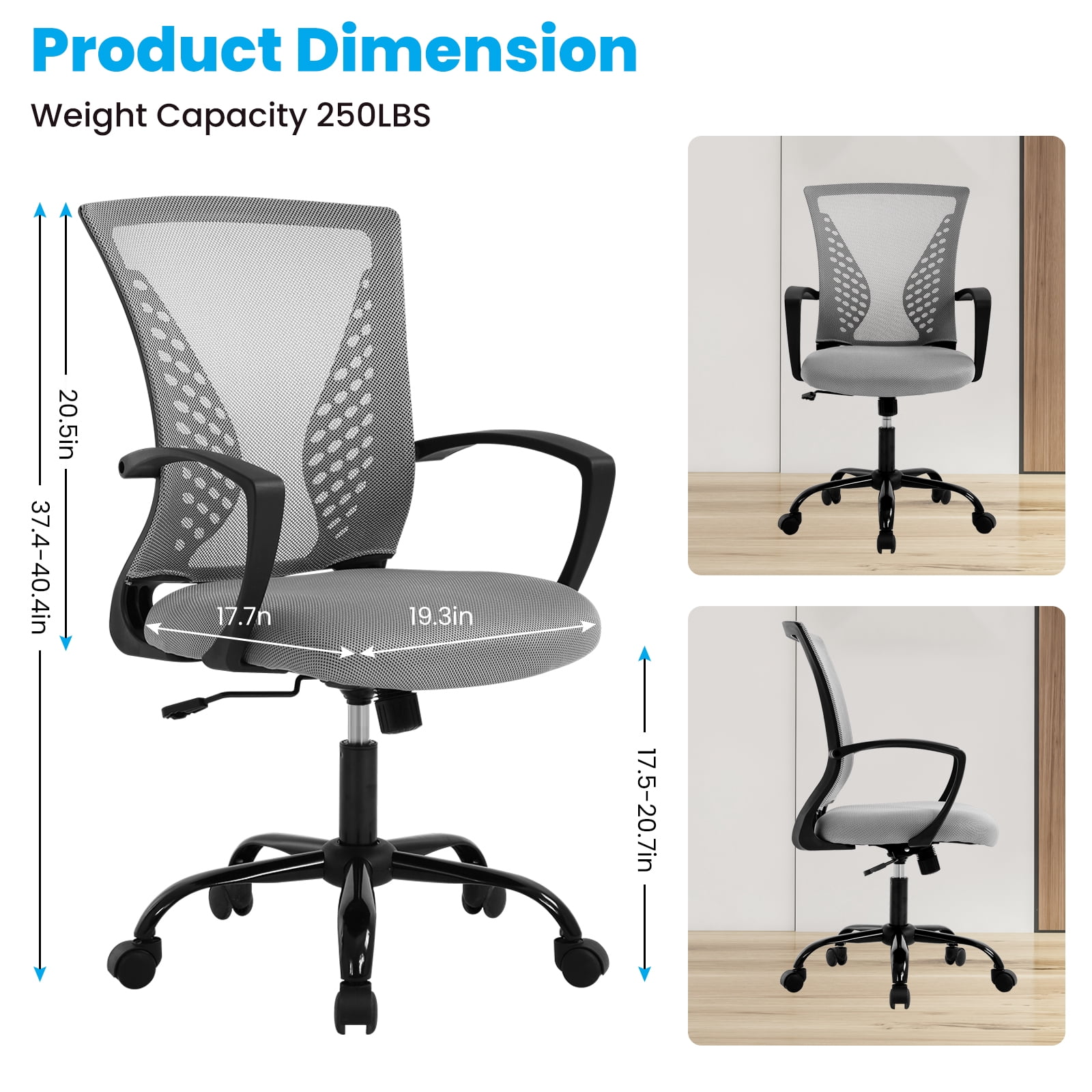 Dkelincs Office Desk Chair Adjustable Mesh Mid Back Office Chair Ergonomic Computer Chair with Lumbar Support & Wheels,  Gray