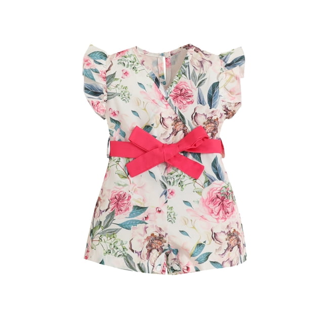 Odeerbi 3M-6Y Niñas Verano Rompers Ruffle Floral Sudadera Manga Corta Suspensión Pantalones Cortos Generales Con Cintura