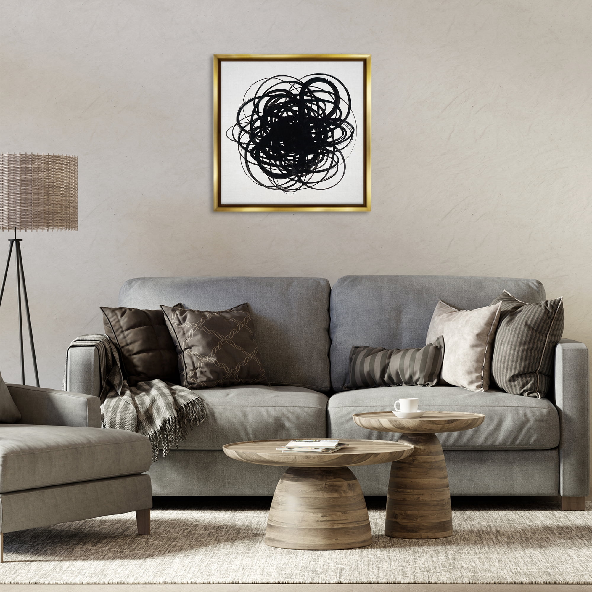 Stupell Industries Black Chaotic Scribble Abstract Painting Gold Floater Framed Canvas Art Print Wall Art, 25 x 25