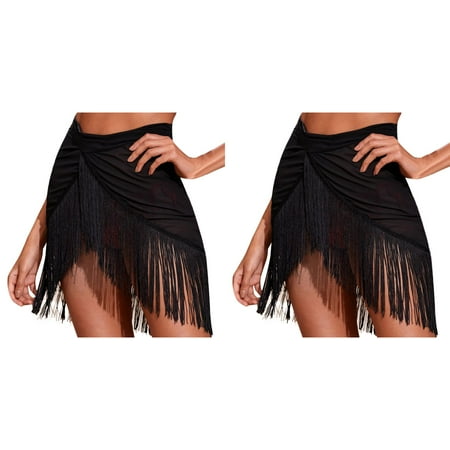 Wijhcboe 2 Pack Women Sheer Swimsuit Cover up Pants Ruffle Trim Sheer Beach Skirt Cover Up Lace Up Skirt Beach Wrap Bikini Shiny Wraps Cover Ups For Swimwear Mesh Drawstring Cover Up Skirt plus Size