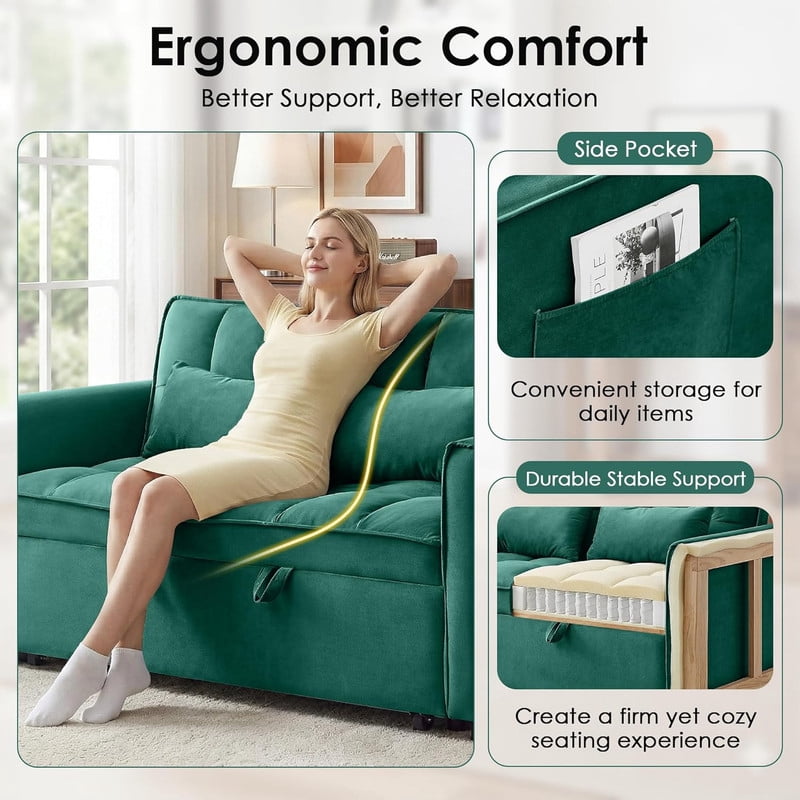 3 in 1 Convertible Sleeper Sofa Bed, 55" Modern Loveseat Pull Out Couch with Adjustable Reclining Backrest & Side Pockets, Velvet Loveseat for Living Room