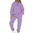 thumbnail image 1 of MAWCLOS Women Jogger Sets Long Sleeve Tracksuit Set Solid Color Two Piece Outfit Breathable Sports V Neck Sweatsuits Purple 2XL, 1 of 5