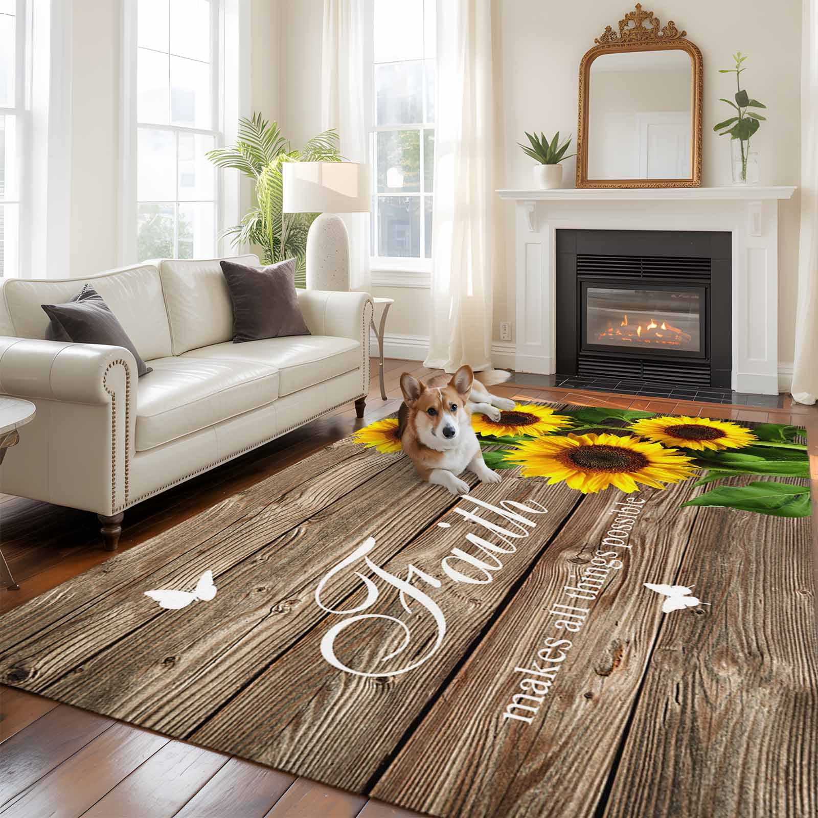 8x10 Area Rugs for Living Room, Spring Sunflowers Non Slip Area Rugs for Kitchen Bedroom Entryway, Country Farmhouse Brown Wooden Plank Washable Carpet Runner Rug Floor Mats for Bedroom Home Decor