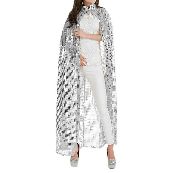 MIASHUI Adult Sequins Lace Cape Carnival Cloak Coat, Scarf for Women, Fashion Scarf for Events, Themed Scarf Silver