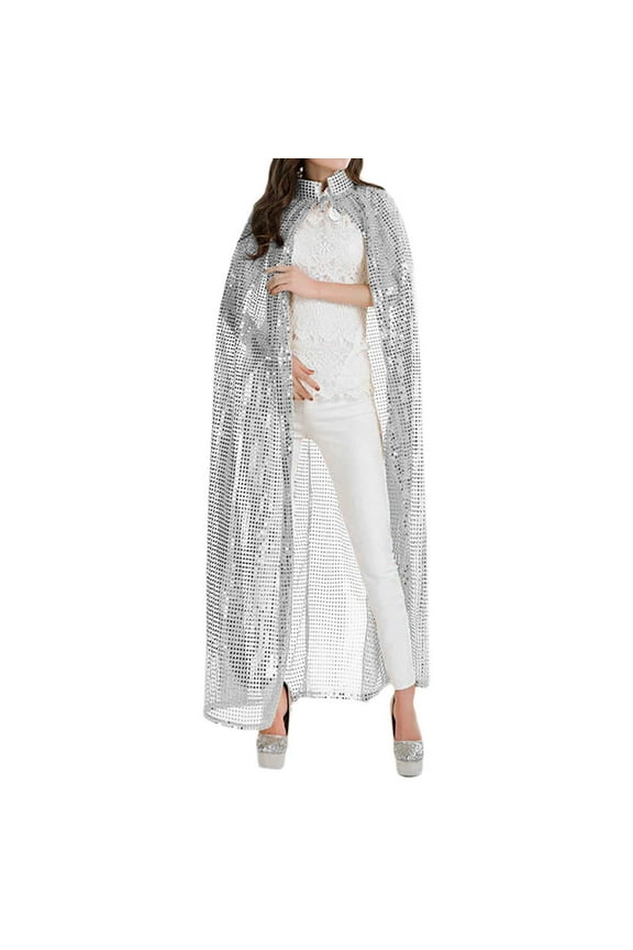 Adult Sequin Lace Cape Coat for Carnival Evening Party Elegant Shimmering Shawl Wrap Silver One Size