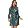 thumbnail image 1 of Vestido Floral Allegra K de una Línea de Manga Larga Azul pavo real satinado S, 1 of 6