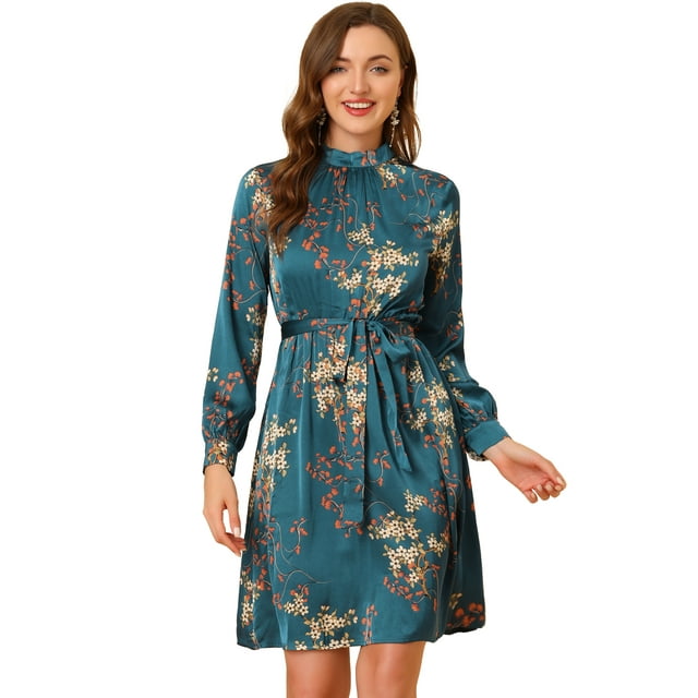Vestido Floral Allegra K de una Línea de Manga Larga Azul pavo real satinado S