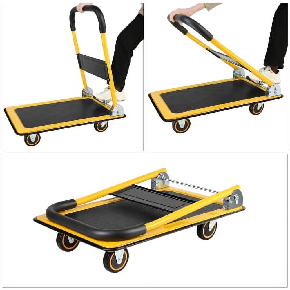 POWANLI Foldable Platform Truck, Push Dolly 330 LBS Weight Capacity, 360 Rolling, Folding Hand Truck for Luggage, Travel, Office, House (Yellow and Black) (28.7" x 19" x 32.5")