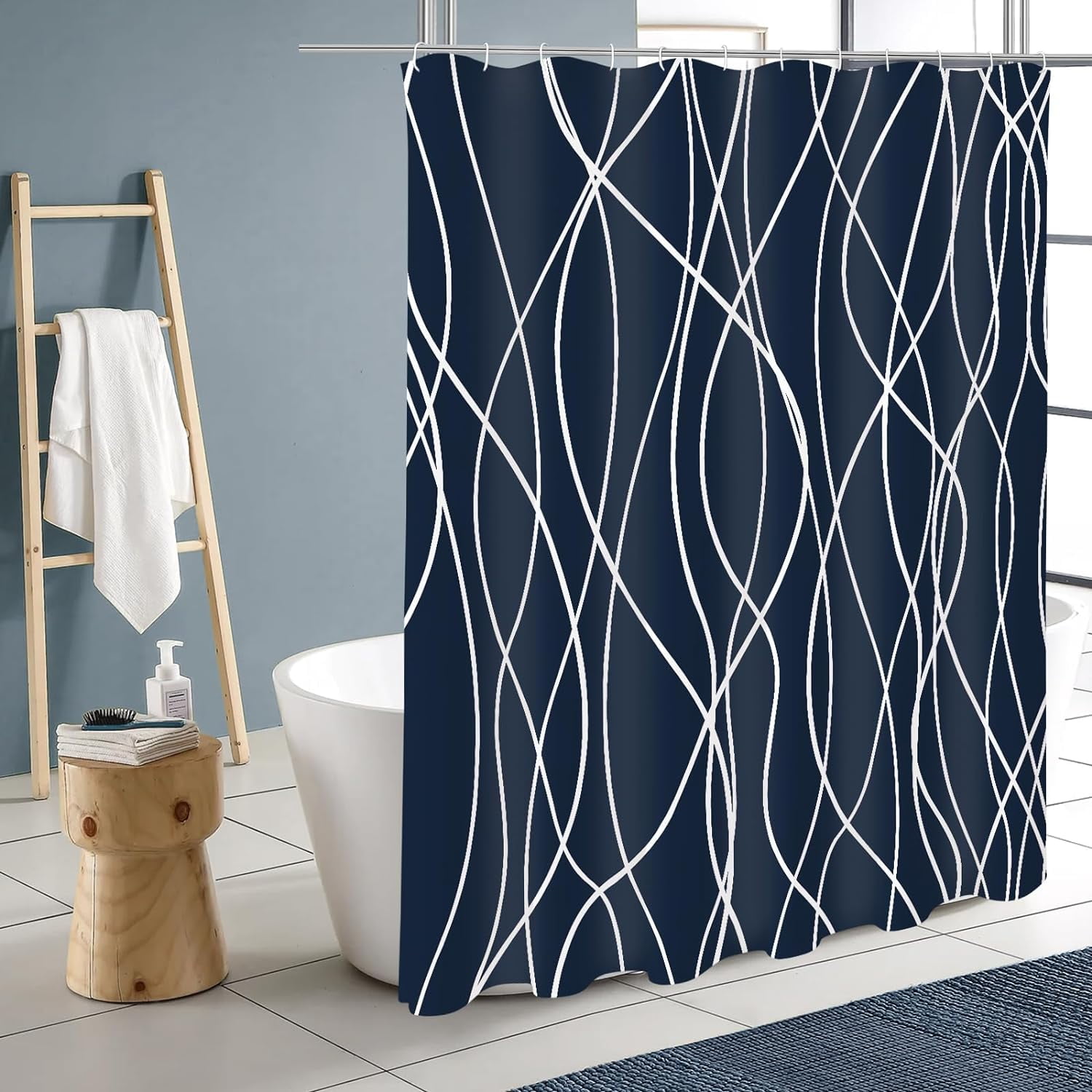 Abstract Striped Shower Curtain, Modern Minimalist Waterproof Fabric Shower Curtain Set with Hooks 72" x 72" - Navy Blue
