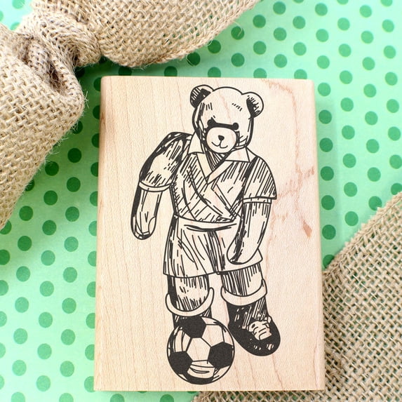 Soccer Bear Art Rubber Stamp, Laser Engraved Craft Stamp on Wood Mounted Block, Size 1-3/4” x 1-3/4”, Made in USA