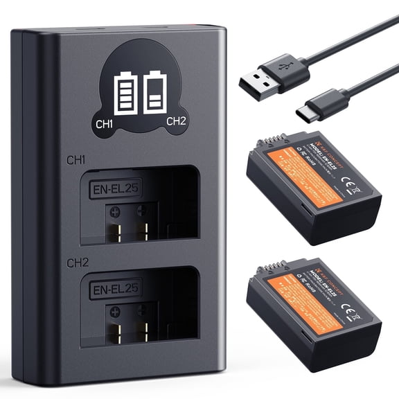 K&F CONCEPT 1600mAh 2-Pack EN-EL25 EN-EL25A Camera Battery and Dual LCD Battery Charger compatible with Nikon Z50, Z30, Z FC Camera MH-32 Battery Charger