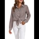 thumbnail image 3 of Camisas de Mujer con Botones, Casuales, de Larga, A Cuadros, con Estampados, Blusas Holgadas con Cuello A . Color Café M, 3 of 8