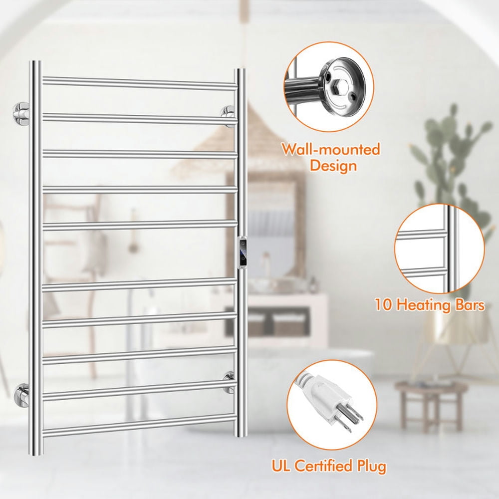 Finihen Wall Mounted Towel Warmer, Towel Rack, Towel Holder, 10-bar Heated Wall Mounted Towel Warmer with Timer, for Bathroom, laundry Room, Silver