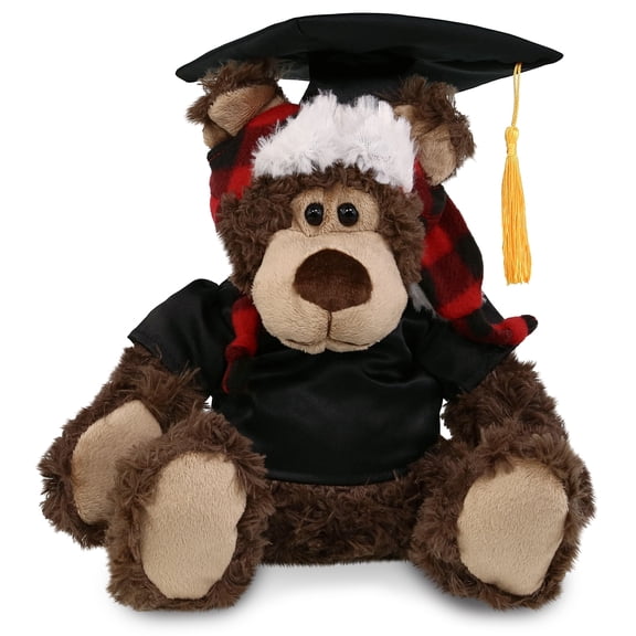 DolliBu Grizzly Bear with Red Plaid Outfit Graduation Plush Toy - Bear Plush Graduation Stuffed Animal Dress Up with Graduation Gown and Cap with Tassel Outfit, Congratulatory Graduation Gift - 9 Inch