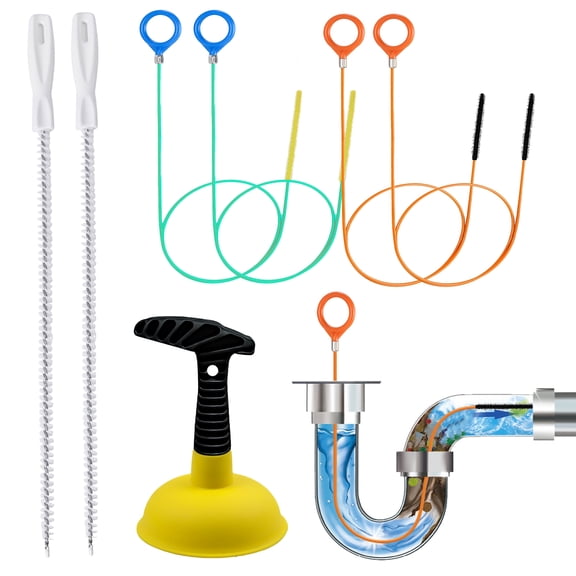 XYHOOK 7-Piece Drain Unclogging Kit, 35.43-inch and 51.18-inch ,27.56-inch Drain Auger and Toilet Plunger, Reusable Pipe Cleaner for Kitchen and Bathroom Drains