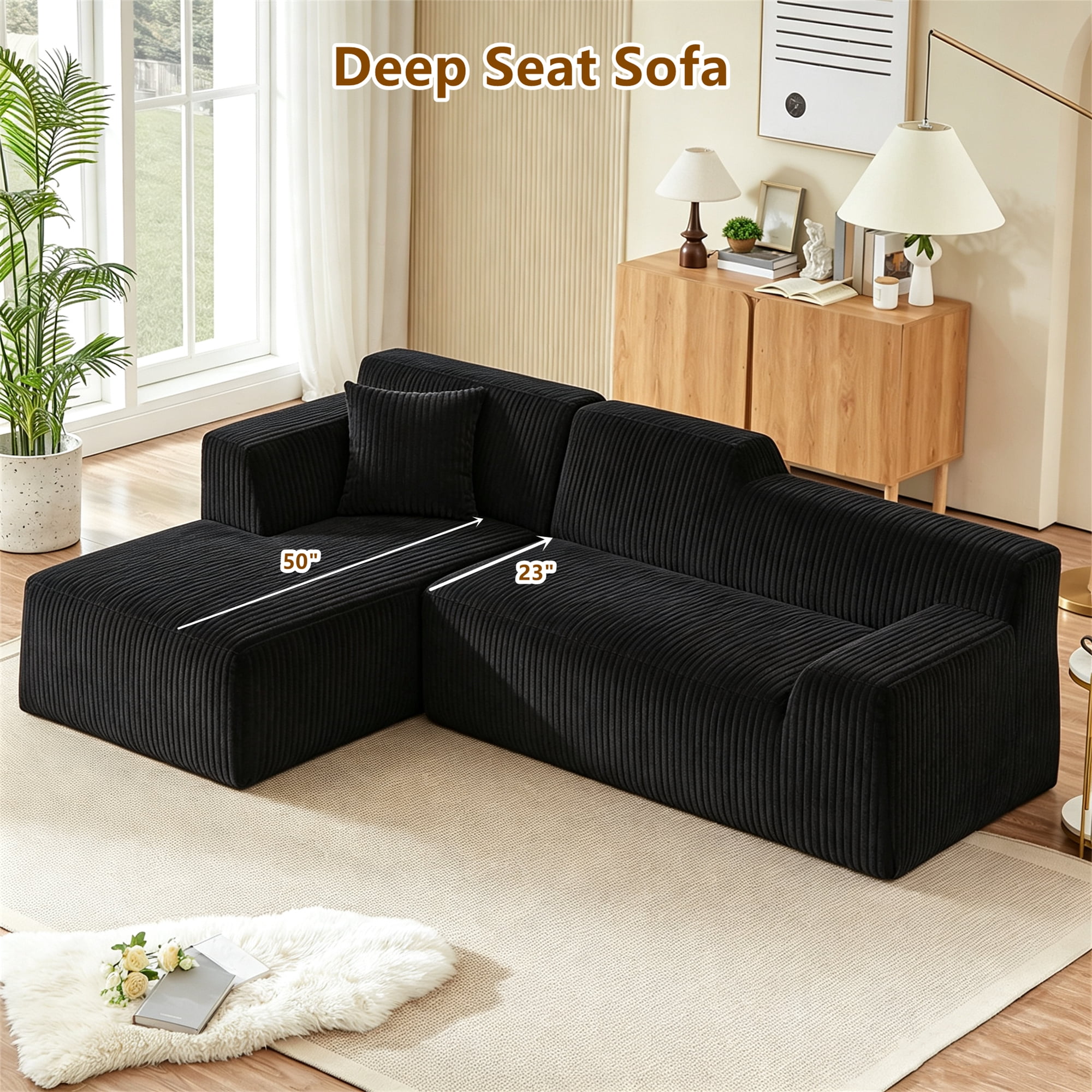 Aukfa 97" Cloud Sectional Sofa Tight Back Boneless Couch Modular L-Shaped Couch, Left Chaise Corduroy Sofa for Living Room, Black