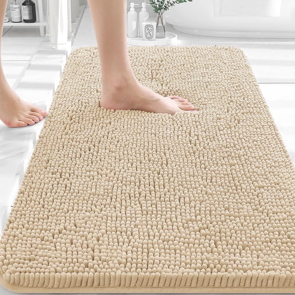 Sasttie Chenille Bathroom Rugs 17x24, Quick Dry Machine Washable Bath Mats with Rubber Backing, Beige