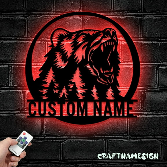 Craftnamesign Custom Grizzly Bear Claws Scratch Metal LED Light, Personalized Angry Bear Name Sign