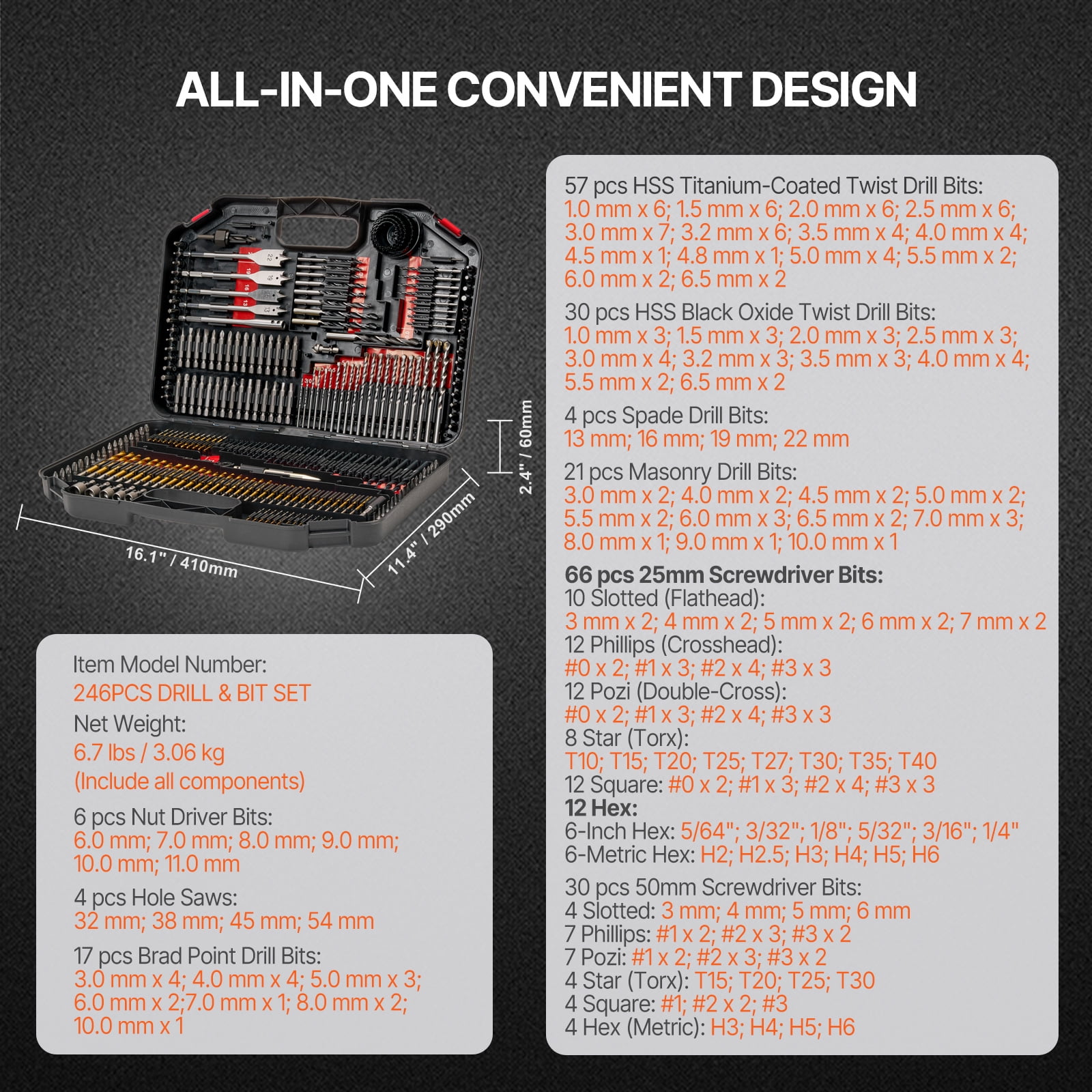 KFFKFF Drill Bit Collection, Comprising 246 Drill and Driver Bits, Screwdriver Bit Assortment Ideal for Drilling in Wood, Metal, Cement and Screw Driving Tasks