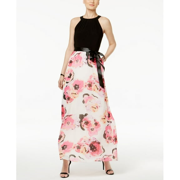 SL Fashions Floral Print Halter Maxi Dress Black/Ivory/Pink 12