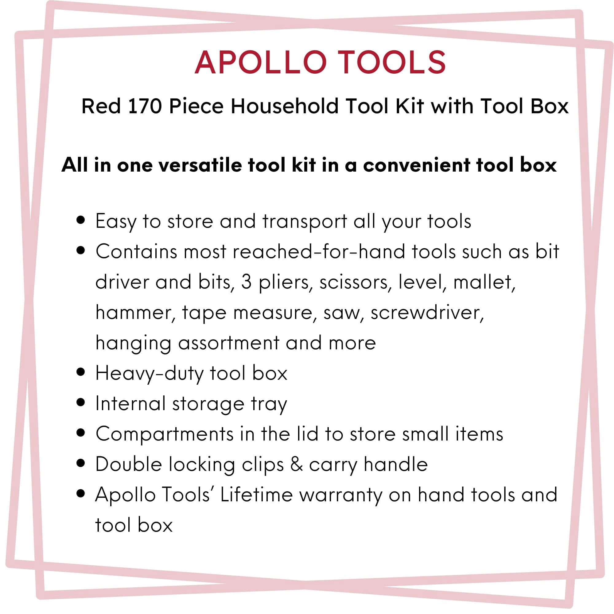 Apollo Tools 170 Piece Household Tool Kit with New and Improved Tool Box RED - DT7103