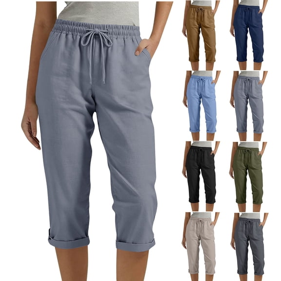VBVC Women's Cotton-Linen Capri Pants,Drawstring Waist Rolled Cuff Casual Trousers For Women,Ladies Lightweight Summer Breathable Pants with Pockets,Beige,S-3XL
