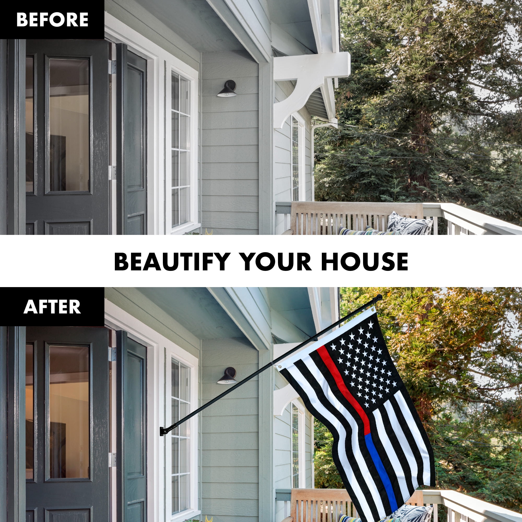 G128 - 6 Feet Tangle Free Spinning Flagpole (Black) Thin Blue&Red Line Flag Brass Grommets Spun Polyester 3x5 ft (Flag Included) Aluminum Flag Pole