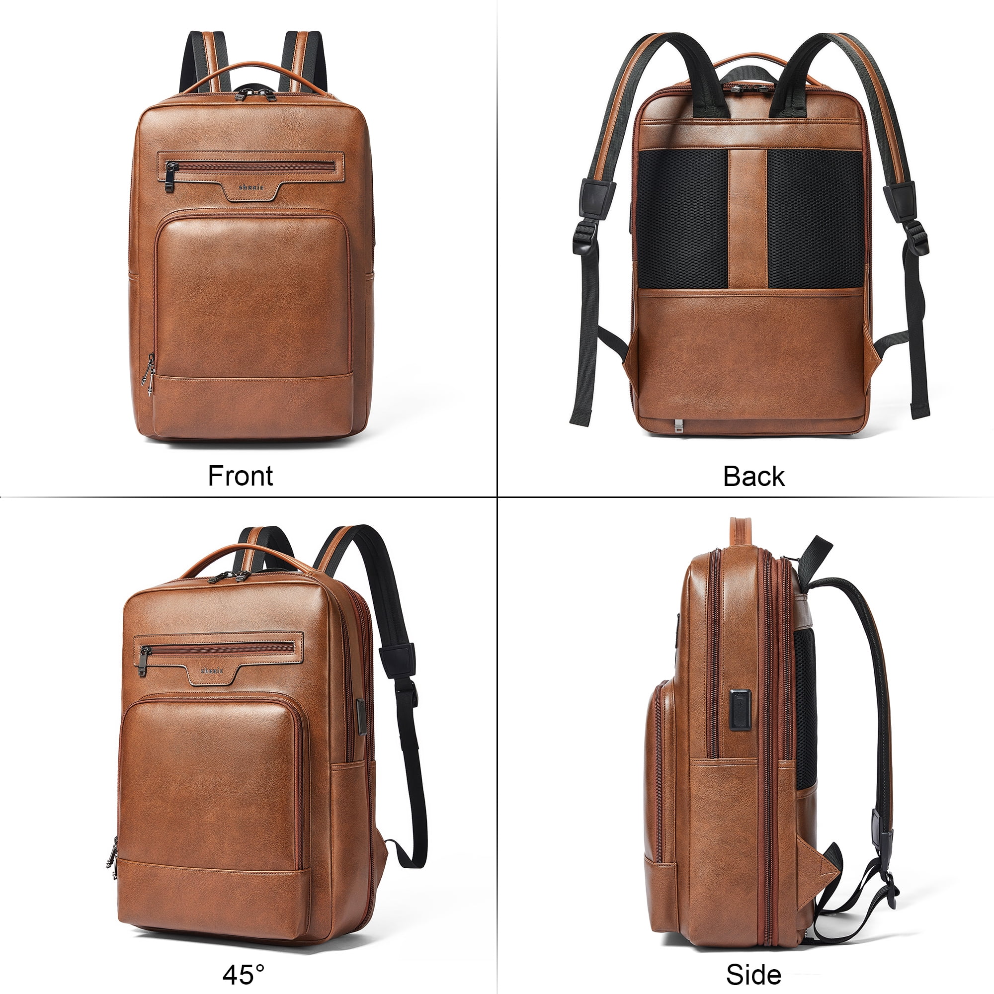 Shrrie Leather Laptop Backpack for Women and Men,28 L Travel Backpack Computer Bag Fits 16 inch Laptop,Expandable Casual Daypack with USB Charging Port for Work Business Weekender College