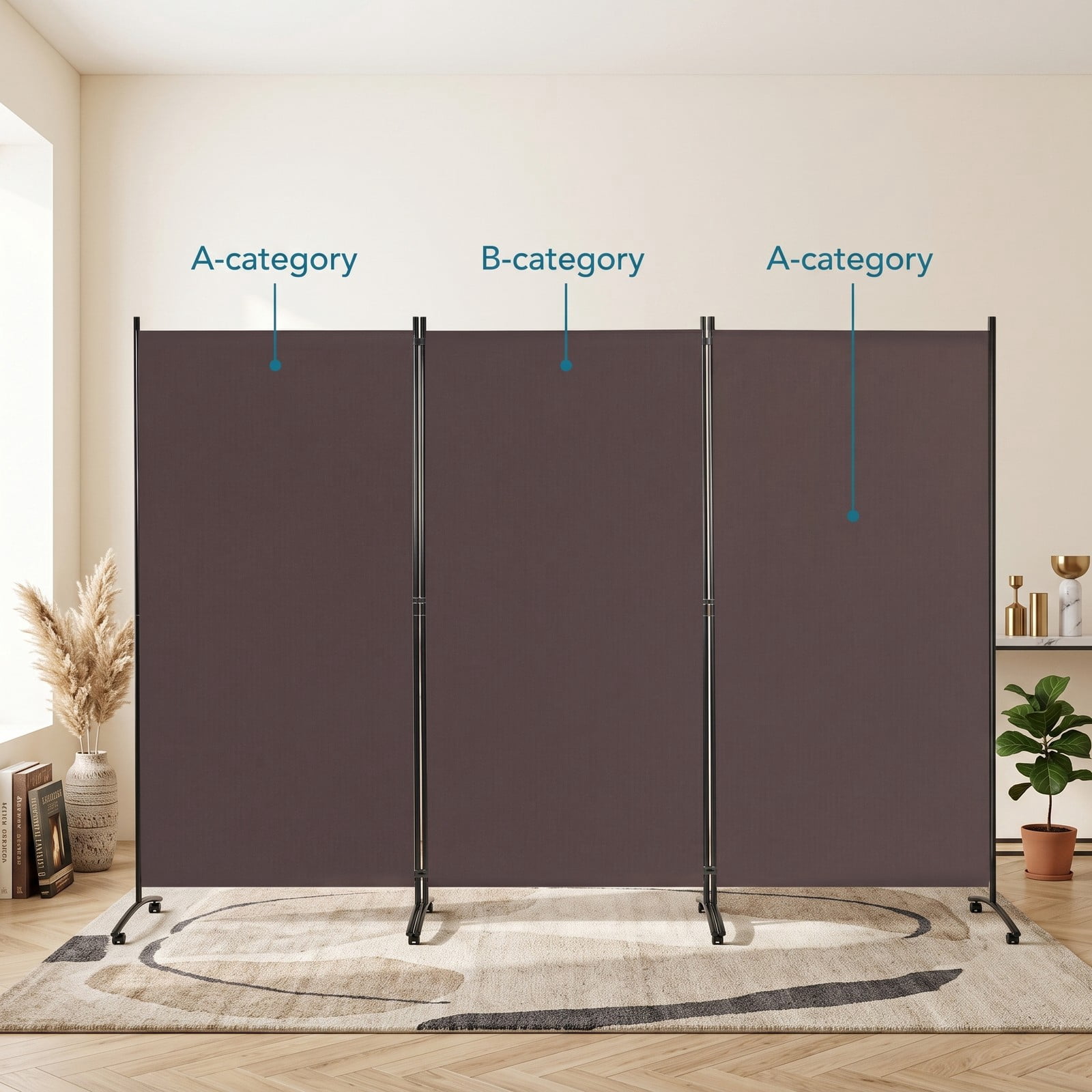 ALPULON 3-Panel Room Divider Folding Privacy Screen, 6 FT Freestanding Partition Panel Screen with Durable Hinges and Steel Base for Office, Bedroom, Home Decor, Brown