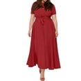 thumbnail image 5 of LWavelet Women's Plus Size Maxi Dress Short Sleeve Round Neck Tie Waist Casual Flowy Dress with Pockets Red XL, 5 of 7