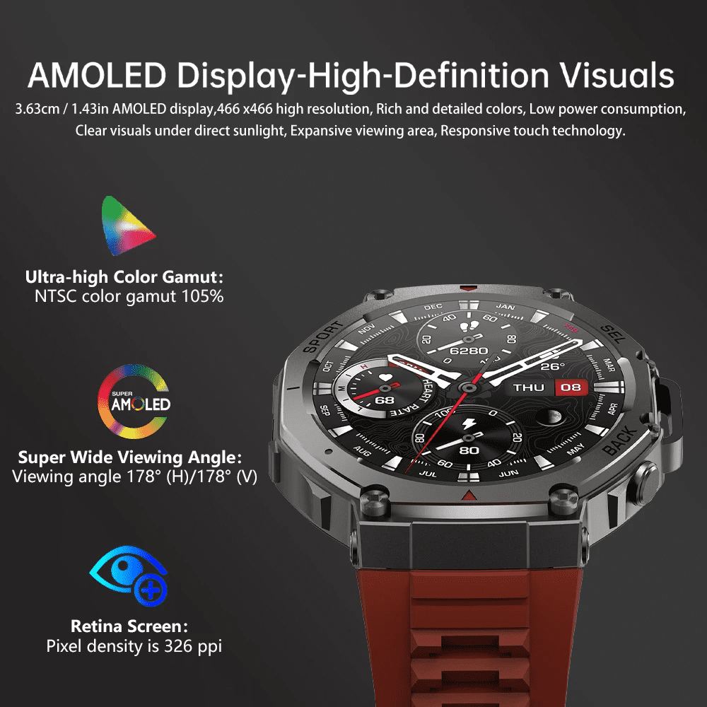 E EYAFA DM58 Smart Watch 1.43 Inch AMOLED Display 5ATM Waterproof  Smartwatch (Red)