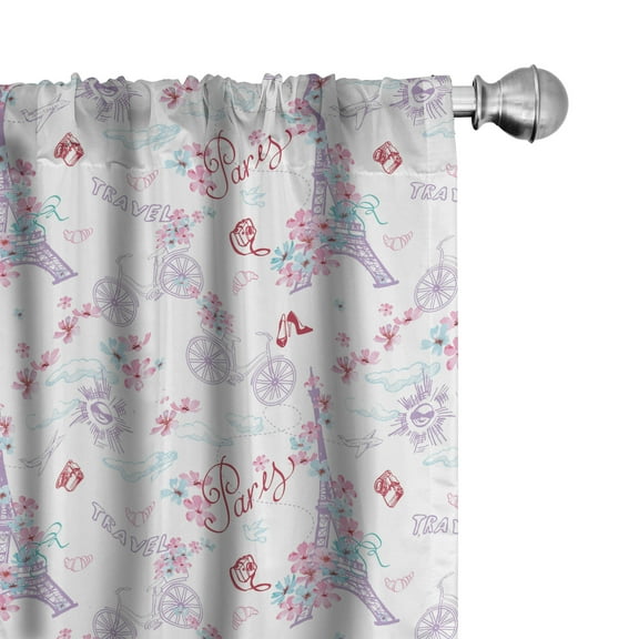 Ambesonne Vintage Curtains, Eiffel Tower and Flower, Pair of 28"x63", Pale Blue Pink and White