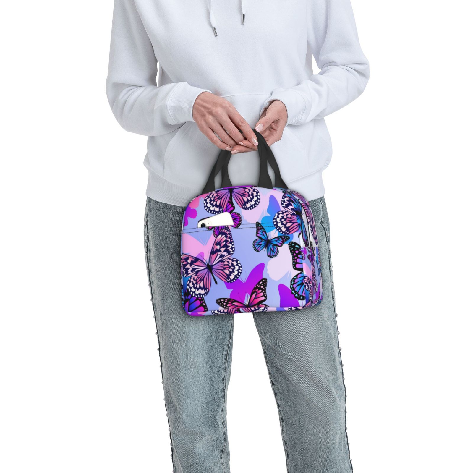 Defioc Flying Butterflies Print Lunch Box,Lunch Bag for Women Men Reusable Insulated Lunch Tote for Work/Office/Picnic/Travel