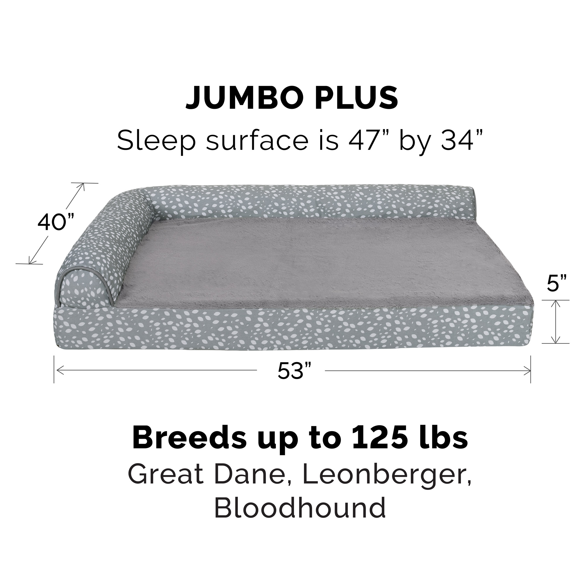 FurHaven Pet Products Plush Faux Fur & Almond Print Orthopedic Deluxe L-Chaise Sofa Pet Bed for Dogs & Cats - Gray Almonds, Jumbo Plus