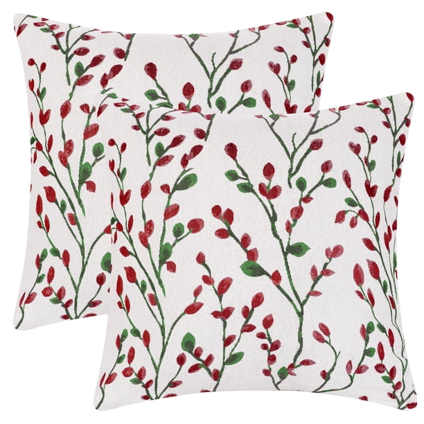 Funda de cojín decorativa de jacquard bordado clásico de 2 piezas REGALWOVEN en color teal para interiores y exteriores, con patrón de flores rojas, 24" x 24"