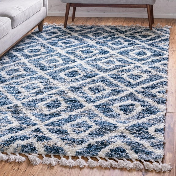 Unique Loom Hygge Shag Collection Area Rug - Diamond (4' 1" x 6' 1" Rectangle Blue/Beige)