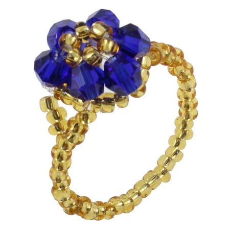 Unique Flower Ring - Unique Bargains Finger Ornament Royal Blue Plastic Round Beads Flower Ring US 7 for Women