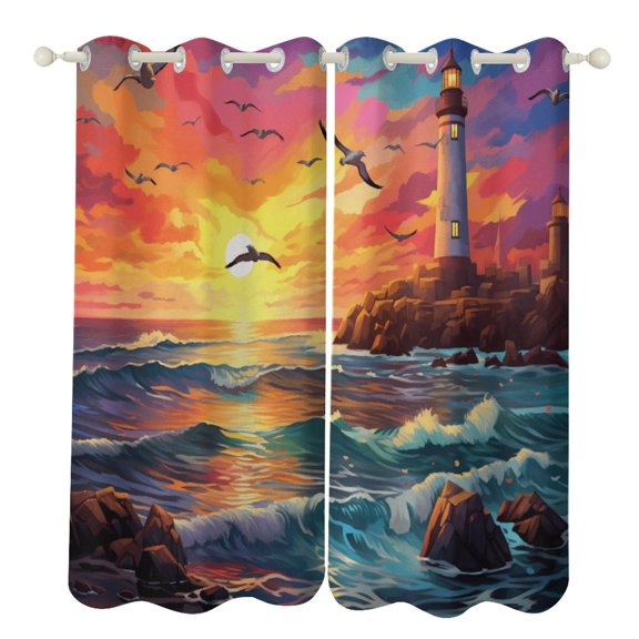 Blackout Curtains for Bedroom Ocean Lighthouse Full Room Darkening Grommet Curtains for Living Room,Thermal Insulated Ombre Drapes