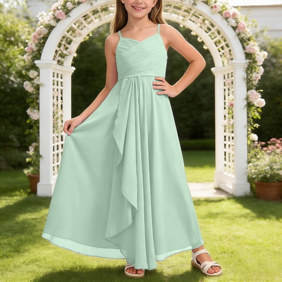 HAYIMI Child Girls A-Line Dress Junior Bridesmaid V-Neck Flowy Chiffon Maxi Dresses Wedding Party Pageant Gown Cute Special Occasion Back To School Swing Flowy Kids Sundress