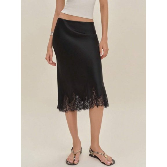 Black Silk Satin Midi Skirt With Lace Hem Elastic Waist A-Line Flowy