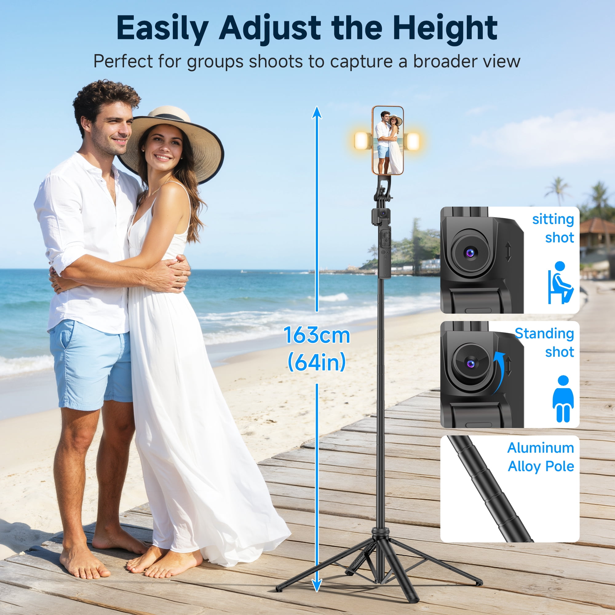 SelfieShow 64” Auto Face Tracking Tripod for iPhone, 360° Rotating Selfie Stick Tripod, Handheld Stabilization with Remote Control and Fill Light, for TikTok Vlog Video Recording