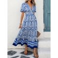 thumbnail image 5 of Womens Blue & White Floral V-Neck Waist-Gathered A-Line Flare Sleeve Maxi Dress, Spring Summer Casual Vacation, 5 of 8